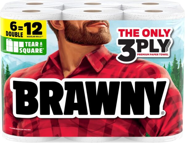 Brawny Tear-A-Square 3-Ply Paper Towels, 6 Double Rolls 12 Regular Rolls, Strong, Absorbent, and Durable with 3 Sheet Sizes (Quarter, Half, Full)